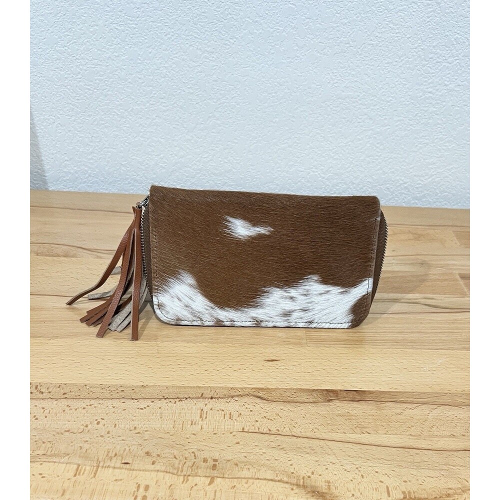 Brown & White Cowhide Leather Zip-Around Wallet w Tassel Card Slots ID Window